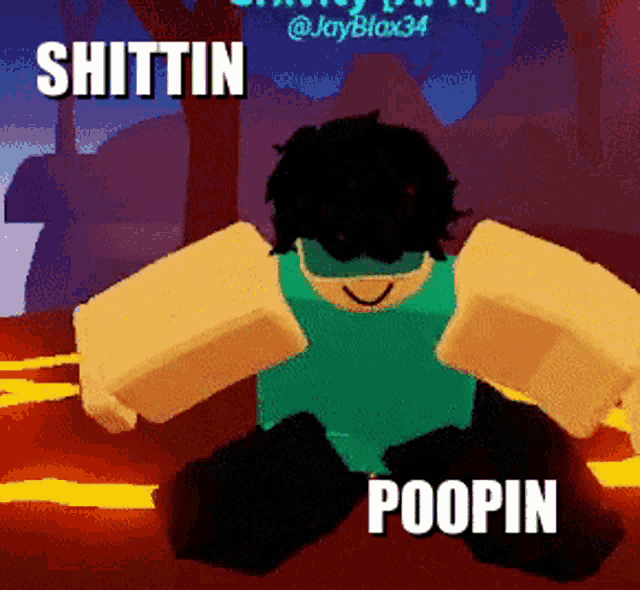 a cartoon character is kneeling down with the words shittin poopin below him
