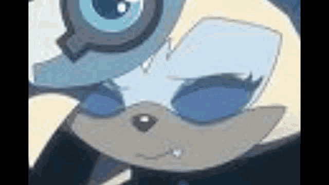 a close up of a cartoon character 's face with big blue eyes .
