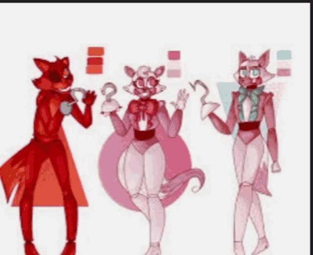a group of three cartoon characters are standing next to each other .