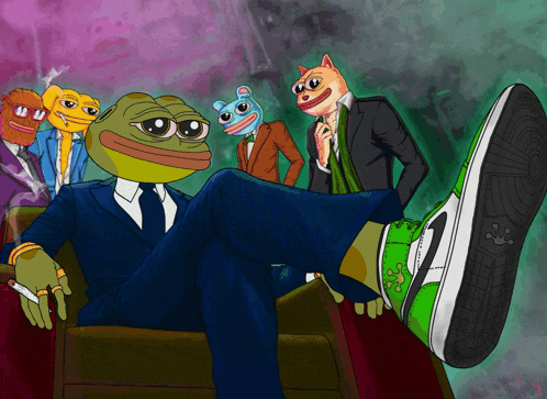a group of cartoon characters with one wearing a green shoe