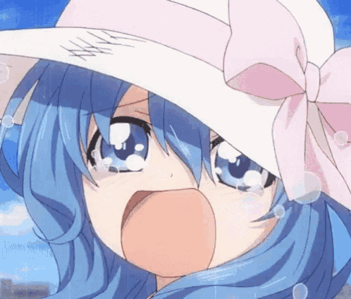 a girl with blue hair is wearing a pink and white hat