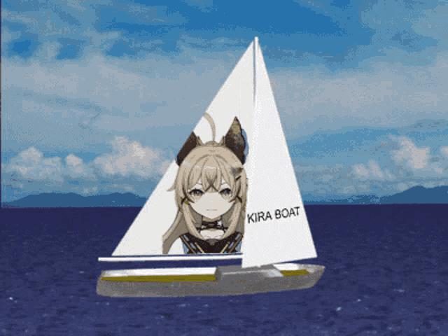 a sailboat with a girl on the sail says kira boat