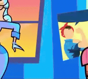 a cartoon character is standing next to a picture of a man in a blue hat .