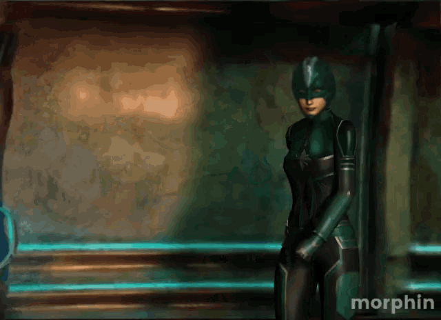 a woman in a green and black superhero suit is standing in a dark room with the word morphin on the bottom