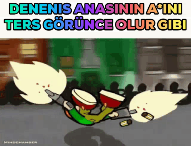 a cartoon of a person falling with the words " denenis anasinin a * ini ters gorunca olur gib " above them