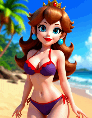princess peach is wearing a bikini and a crown on the beach