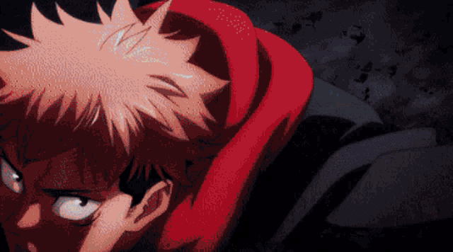 a close up of a cartoon character with a red hoodie on