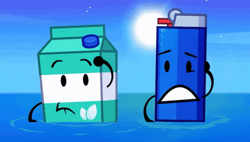 a carton of milk and a lighter with faces are in the water