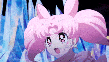 a cartoon girl with pink hair and a bow on her head