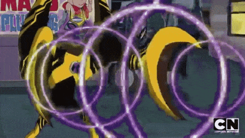 a cartoon character is surrounded by purple circles and the word cn is on the bottom