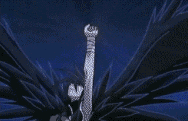 a person with black wings is holding a sword in front of a blue background