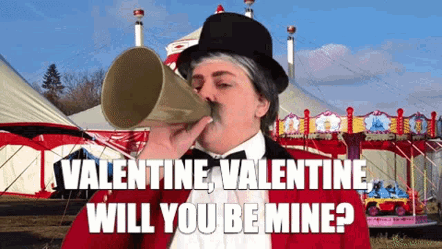 a man in a top hat is blowing into a megaphone with the words " valentine valentine will you be mine "