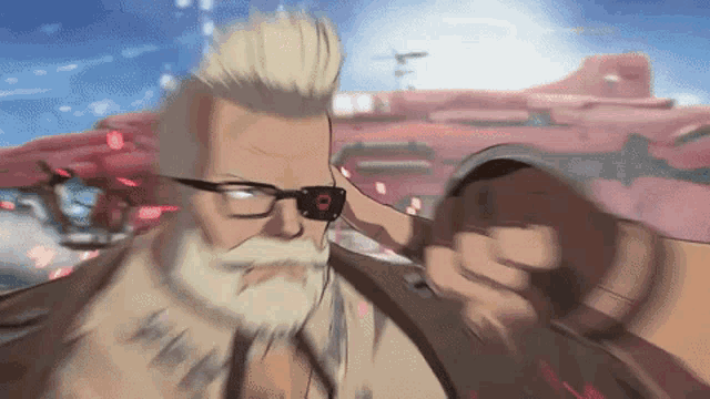 a man with glasses and a beard is pointing at something in a video game .