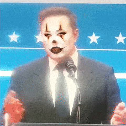 a man in a suit and tie has a clown face painted on his face while speaking into a microphone