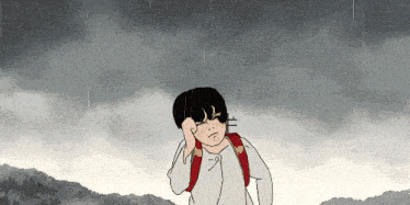 a cartoon of a boy standing in the rain with a red backpack