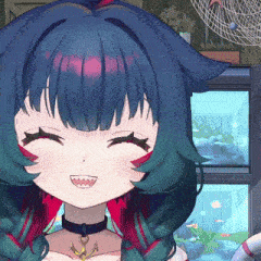 a close up of a anime girl with blue hair and red highlights