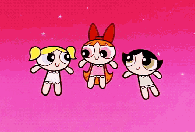 three cartoon characters on a pink background including buttercup bubbles and blossom