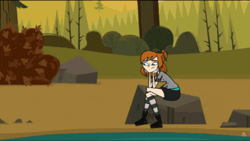 a cartoon of a girl sitting on a rock in the woods