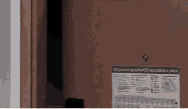 a brown door with an evacuation plan sticker on it