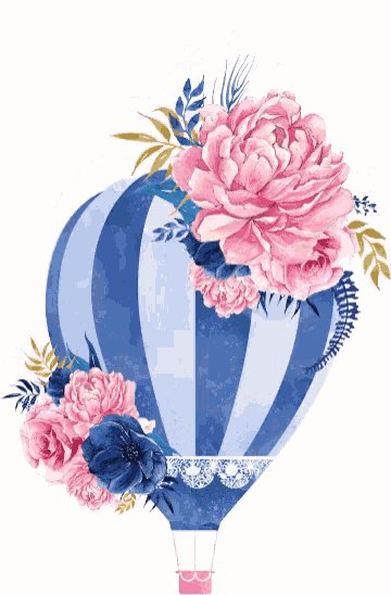 a blue and white hot air balloon with pink flowers