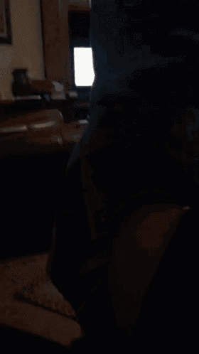 a man in a blue shirt is dancing in a living room .