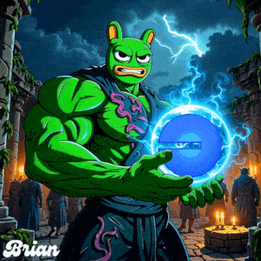 a cartoon drawing of a green monster with the name brian at the bottom
