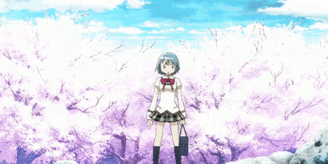 a girl in a school uniform stands in front of a blue sky with white clouds