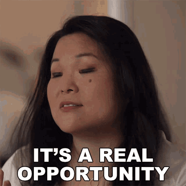 a woman says " it 's a real opportunity " with her eyes closed