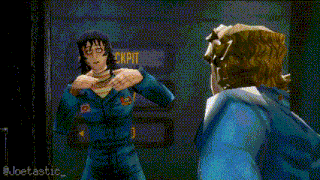 a pixel art of a woman in a blue jumpsuit talking to a man