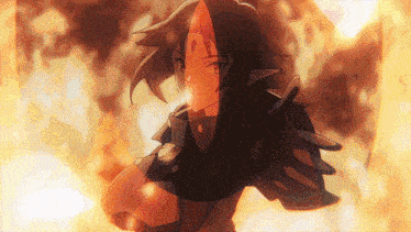 a cartoon character is standing in front of a burning fire