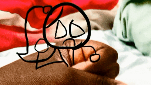 a drawing of a person laying on a bed with a red blanket behind them