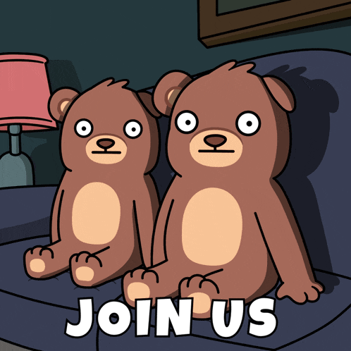 two teddy bears are sitting on a couch with the words join us behind them