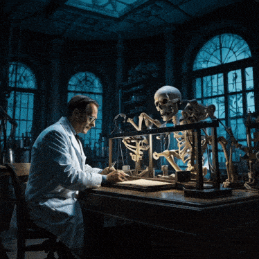a man in a lab coat is sitting at a desk with a skeleton in front of him