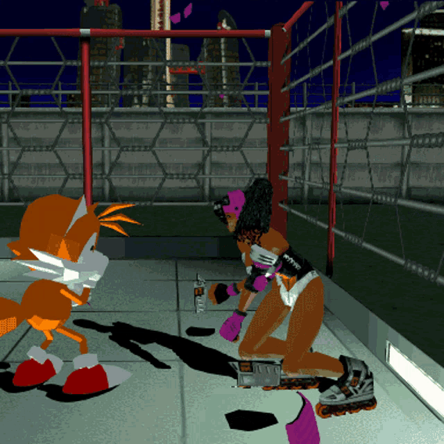 a cartoon of a woman rollerblading next to a cartoon of tails