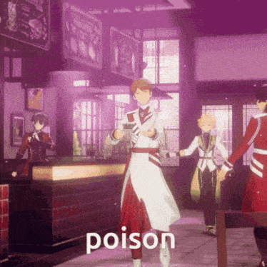 a group of anime characters are standing in a room with the word poison written on the bottom