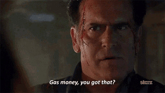 a man with blood on his face is saying gas money , you got that .