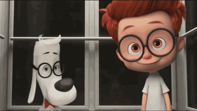 a boy and a dog are looking out a window
