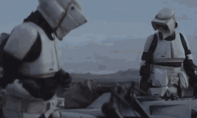 a group of stormtroopers are standing next to each other on top of a hill .