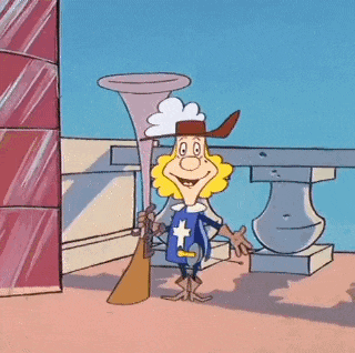 a cartoon character is holding a trumpet and smiling .