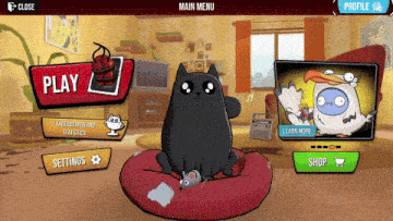 a cartoon cat is sitting on a red pillow in front of a main menu