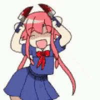 a cartoon of a girl with pink hair and horns holding her head