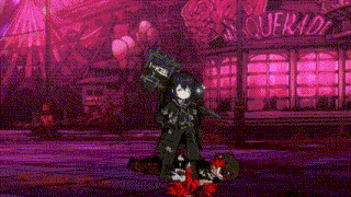 a video game character is being attacked by a sword in a purple and red background .