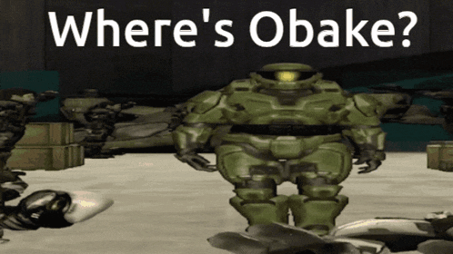 a video game character says where 's obake in the background