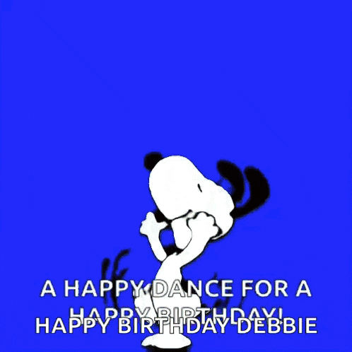 snoopy is jumping in the air with the words a happy dance for a happy birthday debbie below him