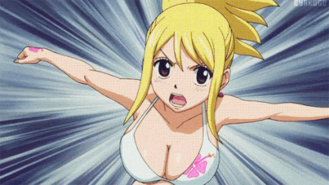 a blonde anime girl in a white bikini is flying through the air with her arms outstretched .