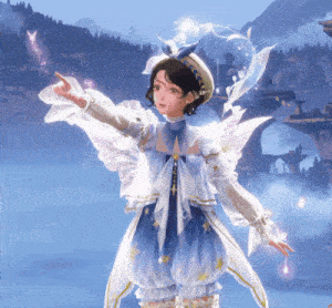a girl in a fairy costume is standing in front of mountains