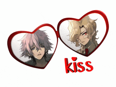 a couple of hearts with the word kiss on them