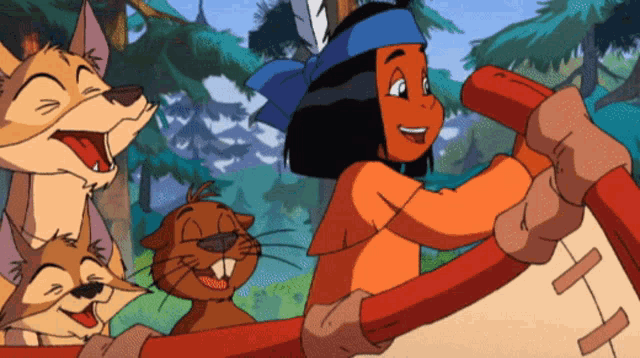 a cartoon of a boy with a blue headband and a beaver laughing