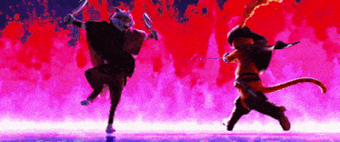 a painting of two cats holding swords in front of a red background