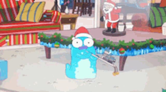 a cartoon character wearing a santa hat is vacuuming a table